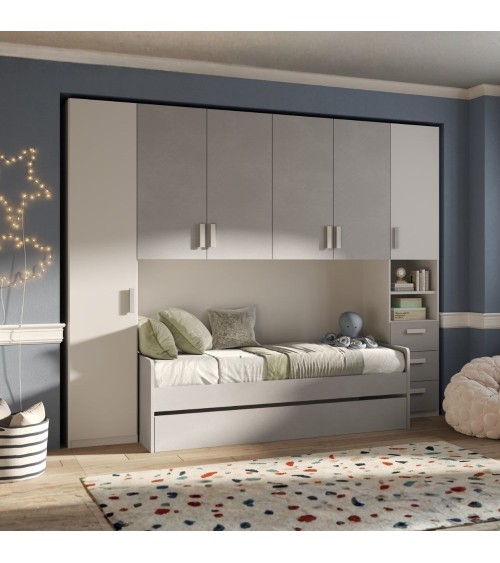 Cameretta a ponte Gilbert bianco opaco e gesso con letto estraibile