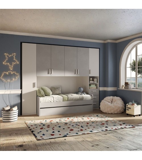 Cameretta a ponte Gilbert bianco opaco e gesso con letto estraibile