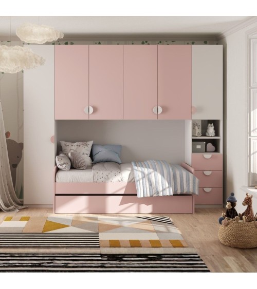 Cameretta a ponte Gilbert bianco opaco e rosa flamingo con letto estraibile
