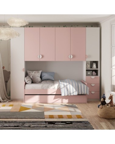 Cameretta a ponte Gilbert bianco opaco e rosa flamingo con letto estraibile