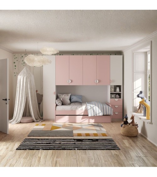 Cameretta a ponte Gilbert bianco opaco e rosa flamingo con letto estraibile