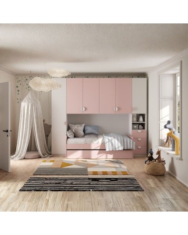 Cameretta a ponte Gilbert bianco opaco e rosa flamingo con letto estraibile