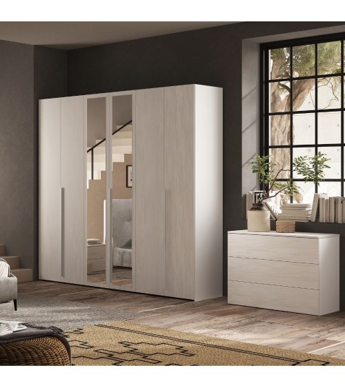 Camera da letto Michela con armadio 6 ante battenti con specchio in bianco neve e letto matrimoniale Stiletto tortora