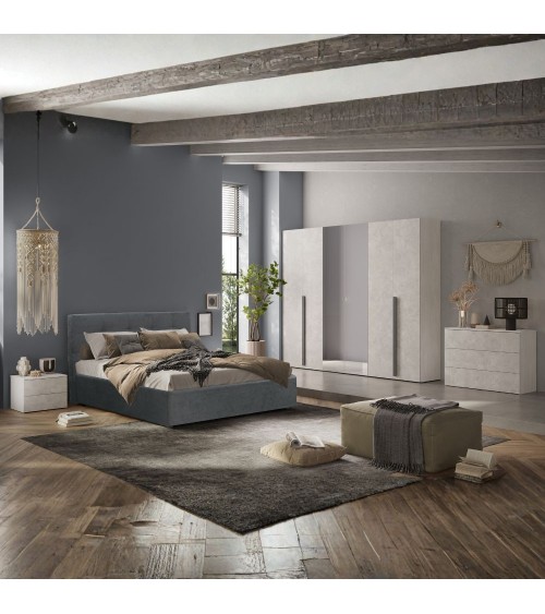 Camera da letto Aria con armadio 6 ante battenti con specchio in bianco spatolato neve e letto matrimoniale Ascoli grigio