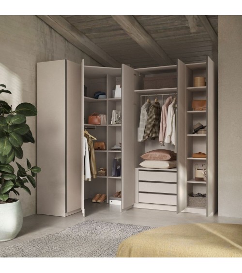 Armadio angolare reversibile Londra con ante battenti colore cashmere e maniglia antracite