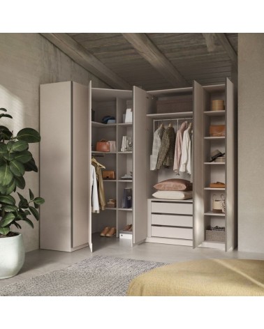 Armadio angolare reversibile Londra con ante battenti colore cashmere e maniglia antracite