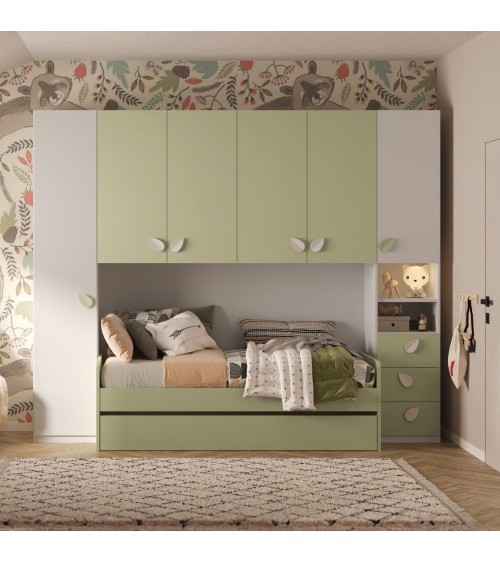 Cameretta a ponte Gilbert bianco opaco e verde pistacchio con letto estraibile