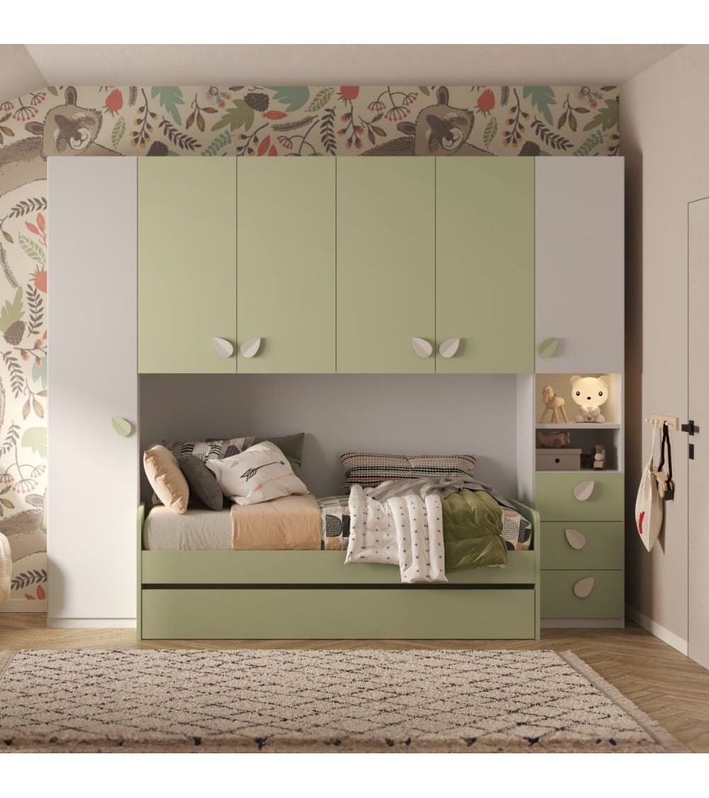 Cameretta a ponte Gilbert bianco opaco e verde pistacchio con letto estraibile