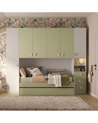 Cameretta a ponte Gilbert bianco opaco e verde pistacchio con letto estraibile