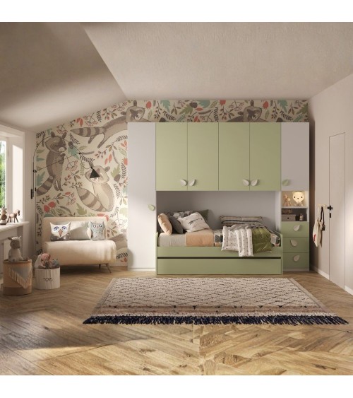 Cameretta a ponte Gilbert bianco opaco e verde pistacchio con letto estraibile