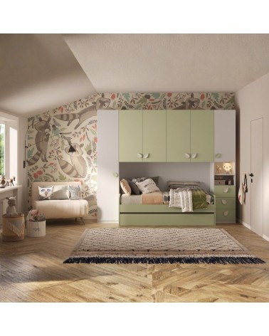 Cameretta a ponte Gilbert bianco opaco e verde pistacchio con letto estraibile