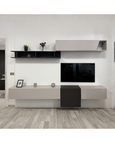 Parete attrezzata Glamour sospesa in cashmere e lava 262x30x200H cm.