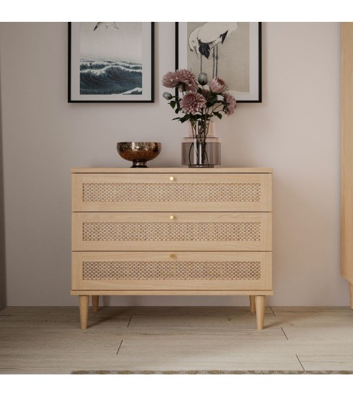 Cassettiera Livia 3 cassetti con dettagli in rattan intrecciato colore rovere