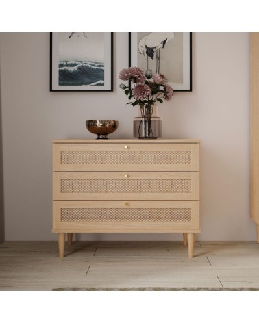 Cassettiera Livia 3 cassetti con dettagli in rattan intrecciato colore rovere