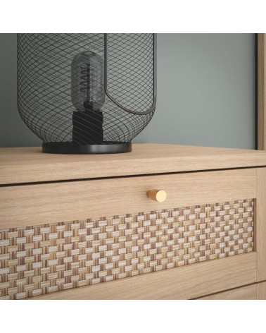Cassettiera Livia 3 cassetti con dettagli in rattan intrecciato colore rovere