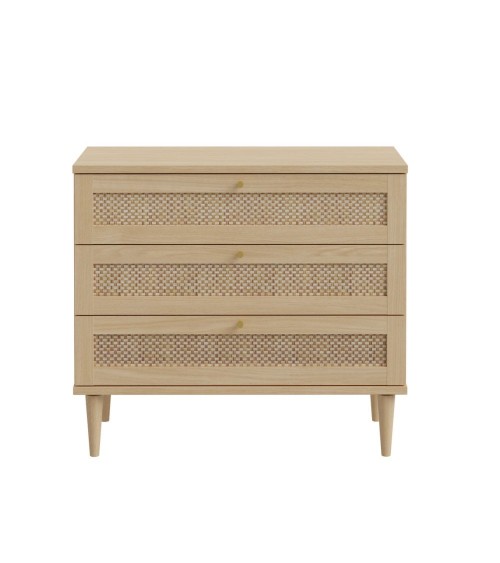 Cassettiera Livia 3 cassetti con dettagli in rattan intrecciato colore rovere