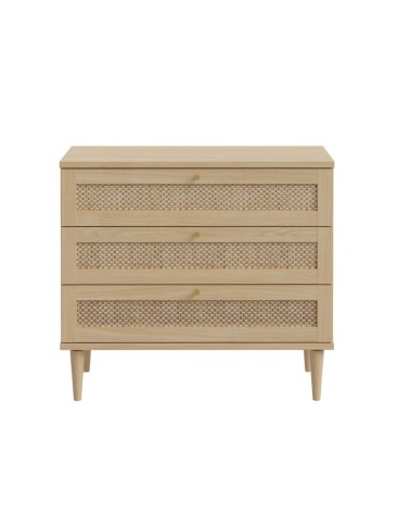 Cassettiera Livia 3 cassetti con dettagli in rattan intrecciato colore rovere