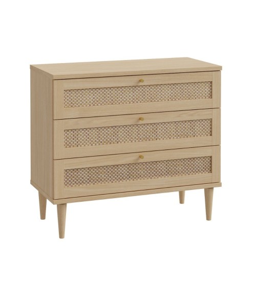 Cassettiera Livia 3 cassetti con dettagli in rattan intrecciato colore rovere