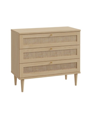 Cassettiera Livia 3 cassetti con dettagli in rattan intrecciato colore rovere