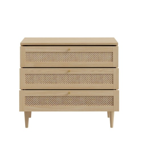 Cassettiera Livia 3 cassetti con dettagli in rattan intrecciato colore rovere