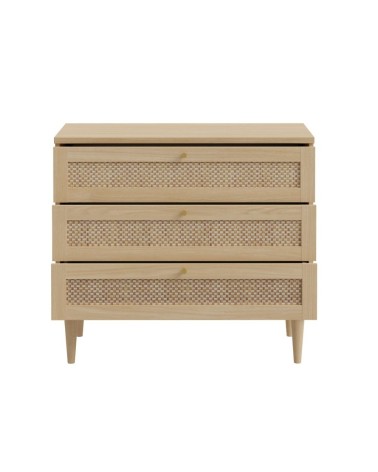 Cassettiera Livia 3 cassetti con dettagli in rattan intrecciato colore rovere