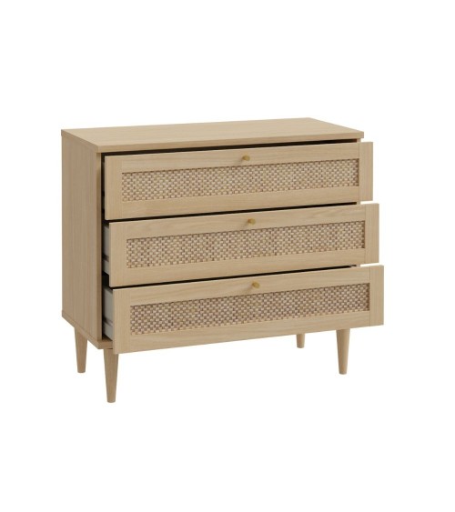Cassettiera Livia 3 cassetti con dettagli in rattan intrecciato colore rovere