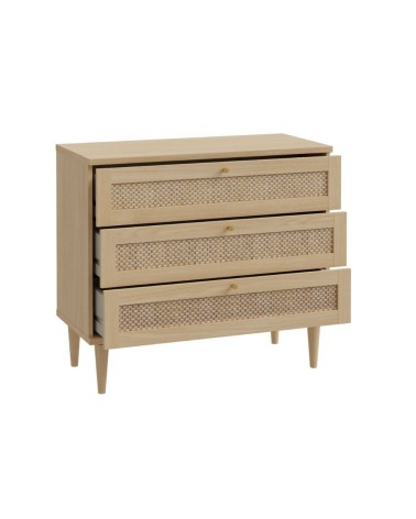 Cassettiera Livia 3 cassetti con dettagli in rattan intrecciato colore rovere