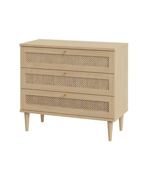 Cassettiera Livia 3 cassetti con dettagli in rattan intrecciato colore rovere