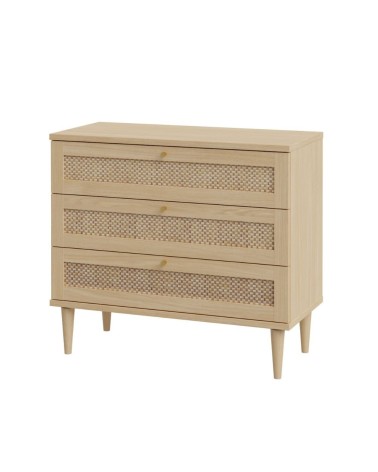 Cassettiera Livia 3 cassetti con dettagli in rattan intrecciato colore rovere