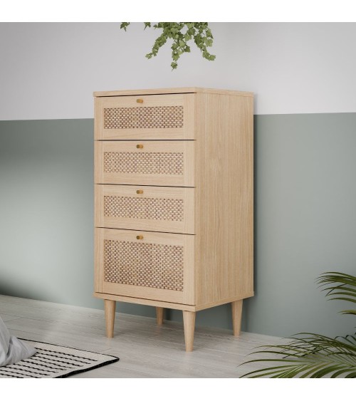 Cassettiera Livia 4 cassetti con dettagli in rattan intrecciato colore rovere