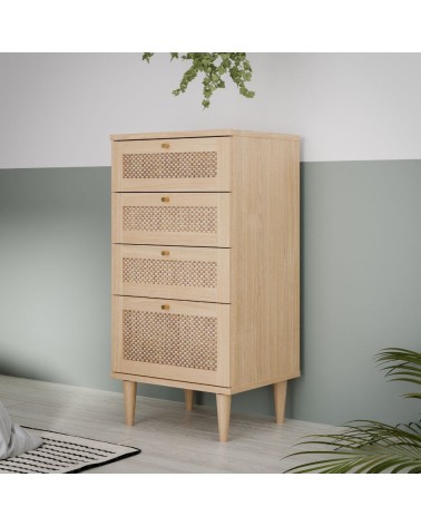 Cassettiera Livia 4 cassetti con dettagli in rattan intrecciato colore rovere