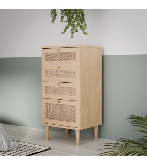 Cassettiera Livia 4 cassetti con dettagli in rattan intrecciato colore rovere