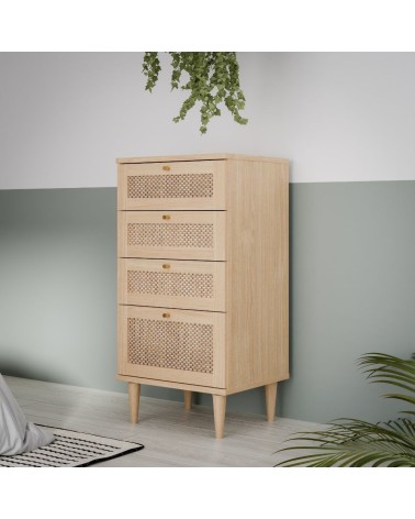Cassettiera Livia 4 cassetti con dettagli in rattan intrecciato colore rovere
