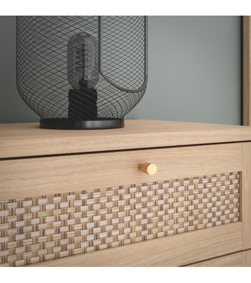 Cassettiera Livia 4 cassetti con dettagli in rattan intrecciato colore rovere