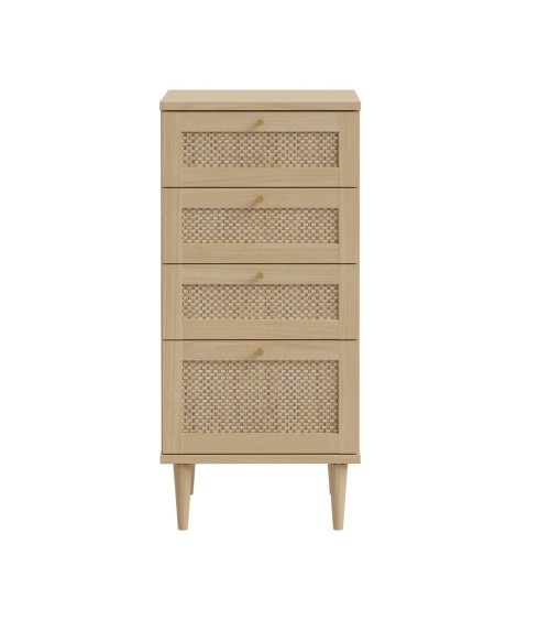Cassettiera Livia 4 cassetti con dettagli in rattan intrecciato colore rovere