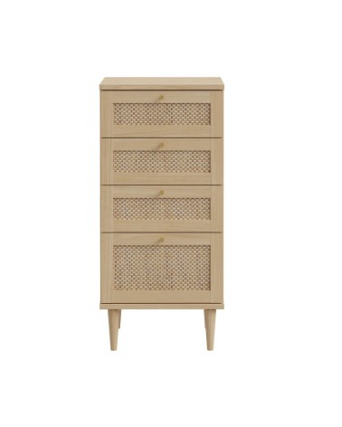 Cassettiera Livia 4 cassetti con dettagli in rattan intrecciato colore rovere