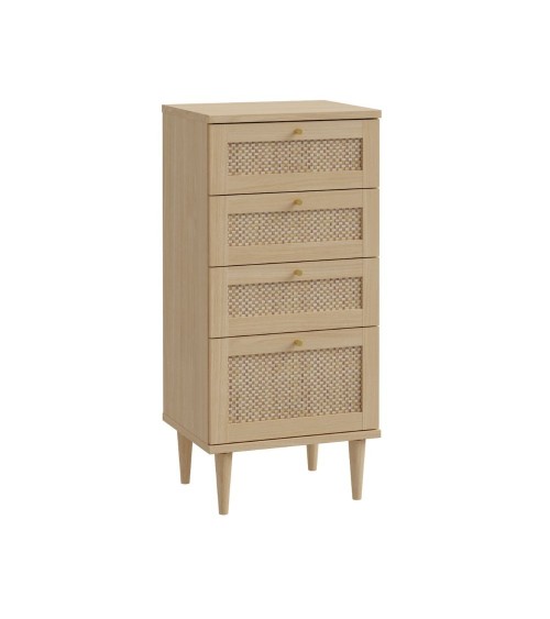 Cassettiera Livia 4 cassetti con dettagli in rattan intrecciato colore rovere