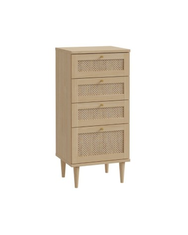 Cassettiera Livia 4 cassetti con dettagli in rattan intrecciato colore rovere