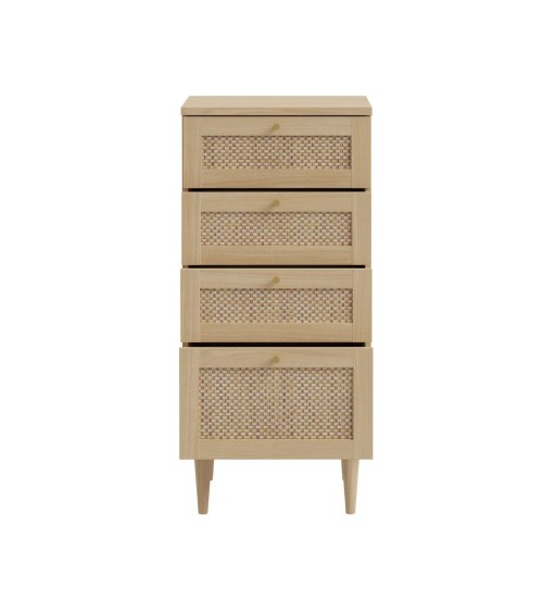 Cassettiera Livia 4 cassetti con dettagli in rattan intrecciato colore rovere