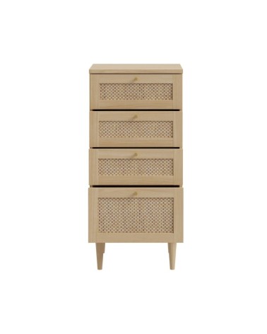 Cassettiera Livia 4 cassetti con dettagli in rattan intrecciato colore rovere