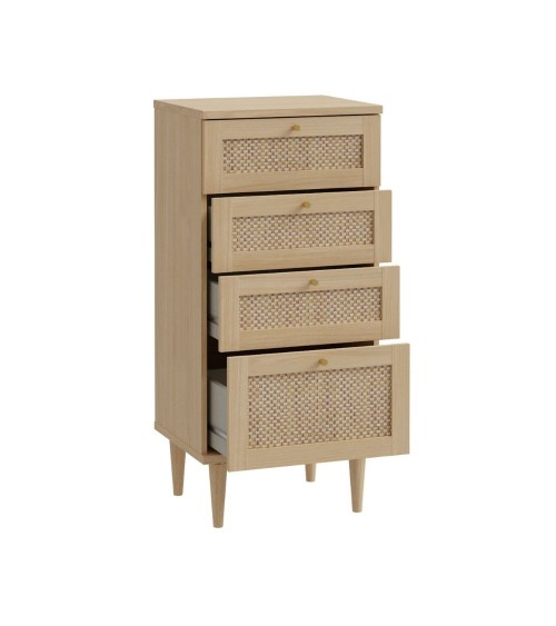 Cassettiera Livia 4 cassetti con dettagli in rattan intrecciato colore rovere