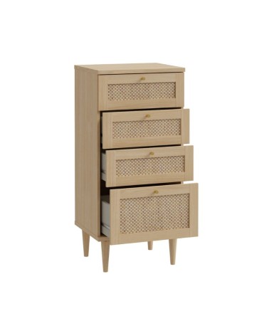 Cassettiera Livia 4 cassetti con dettagli in rattan intrecciato colore rovere