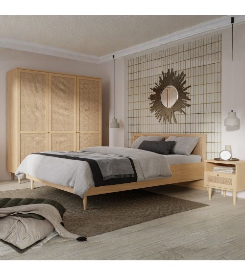 Letto matrimoniale Livia con dettaglio testiera in rattan colore rovere