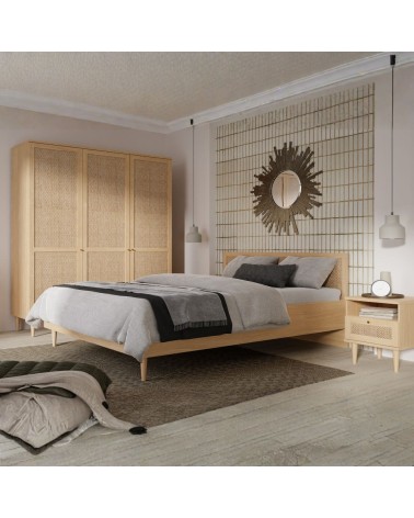 Letto matrimoniale Livia con dettaglio testiera in rattan colore rovere