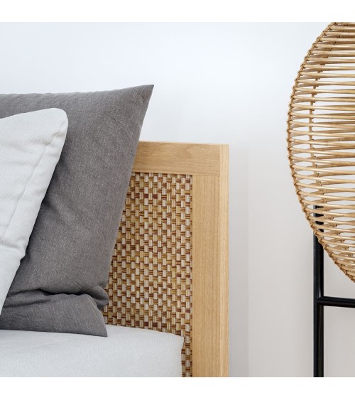 Letto matrimoniale Livia con dettaglio testiera in rattan colore rovere