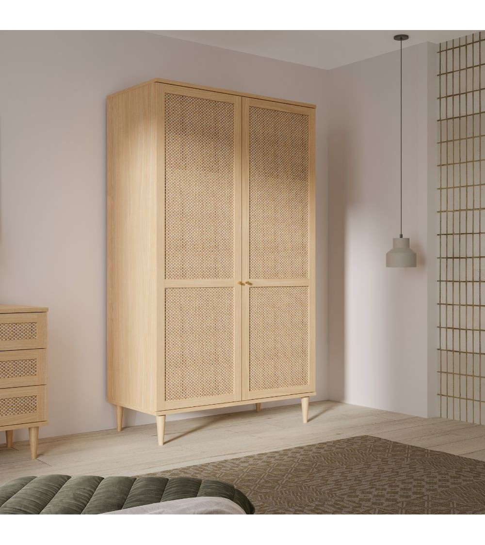 Armadio Livia 2 ante battenti con dettaglio in rattan intrecciato colore rovere
