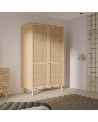 Armadio Livia 2 ante battenti con dettaglio in rattan intrecciato colore rovere