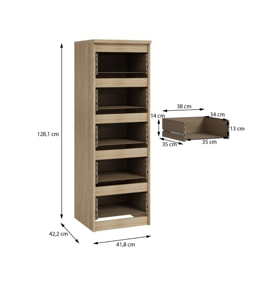 Cassettiera Morgan 5 cassetti 41.8 x 42.2 x H 128 cm. colore rovere