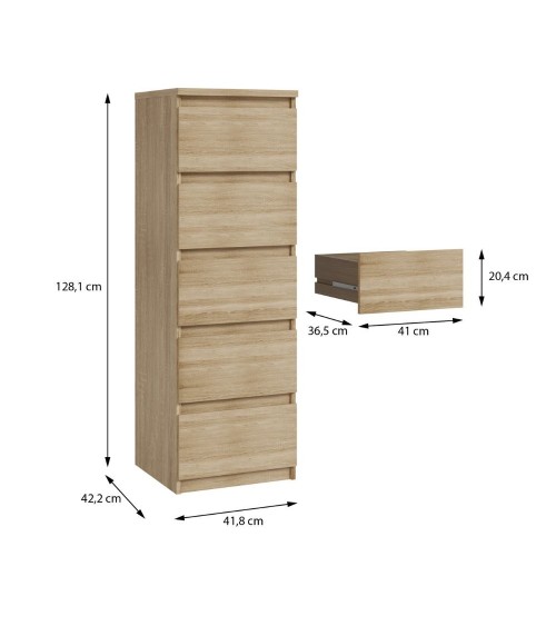 Cassettiera Morgan 5 cassetti 41.8 x 42.2 x H 128 cm. colore rovere