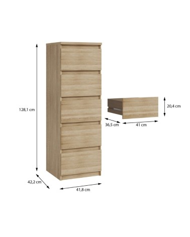 Cassettiera Morgan 5 cassetti 41.8 x 42.2 x H 128 cm. colore rovere